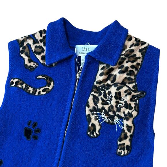 Vintage Blue Wool Leopard  Zip up Sweater Vest / Women’s Small - - Picture 2 of 5